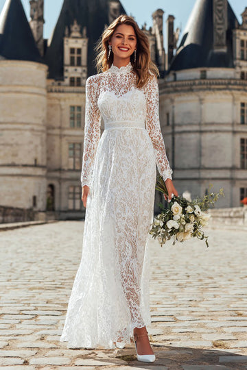 Ivory A-Line Lace Long Sleeves Maxi Wedding Dress